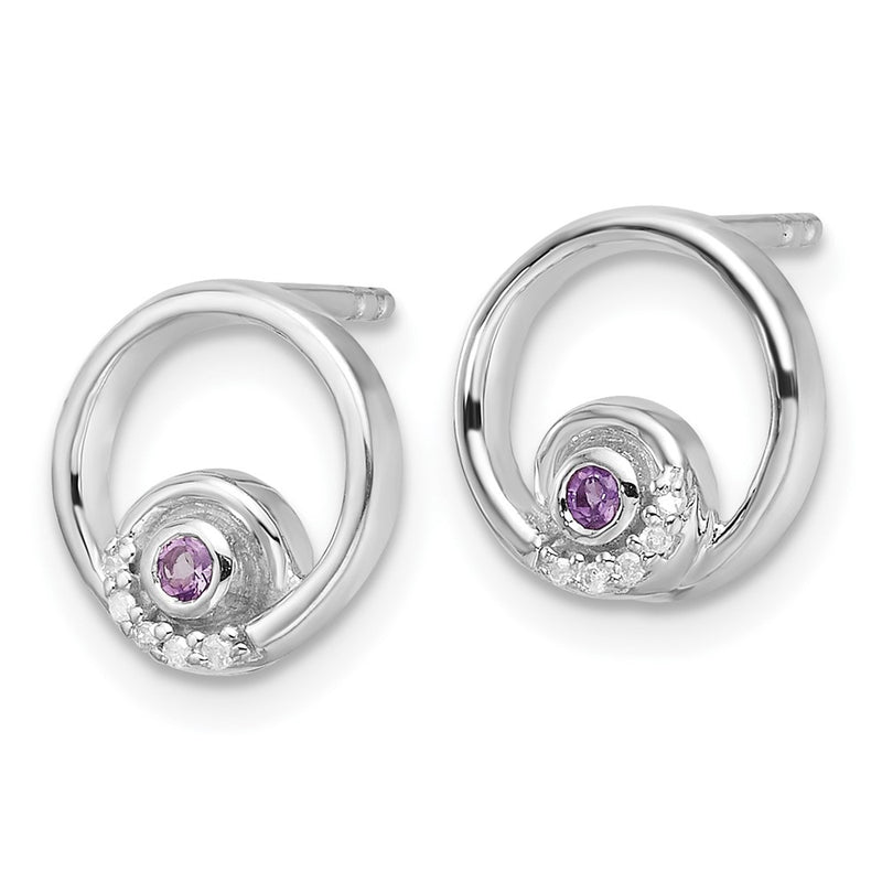 Sterling Silver Rhodium Plated White Ice .03ct. Dia. and Amethyst Post Earrings