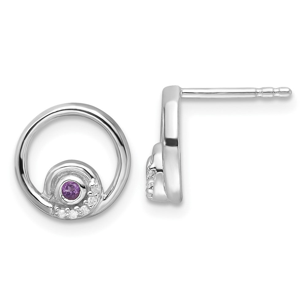 Sterling Silver Rhodium Plated White Ice .03ct. Dia. and Amethyst Post Earrings