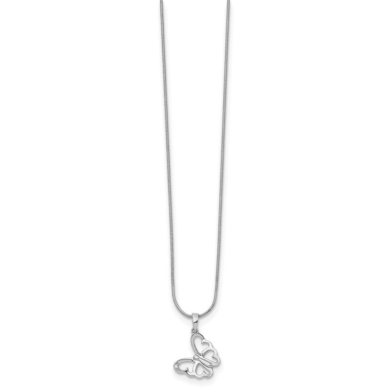 Sterling Silver White Ice Rhodium-Plated 18 Inch Diamond Butterfly Necklace With 2 Extender