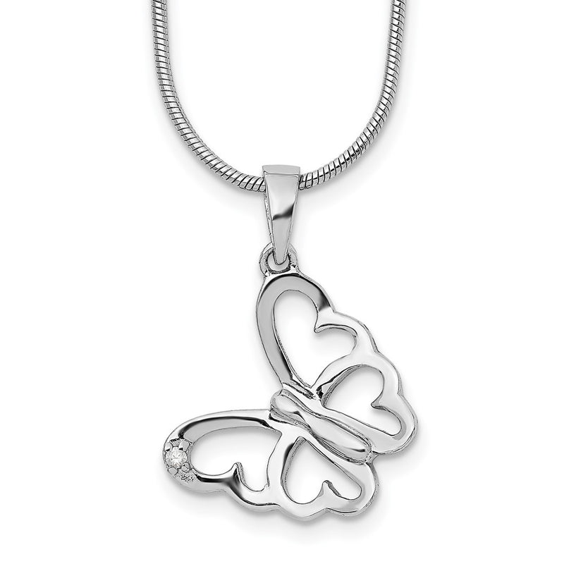 Sterling Silver White Ice Rhodium-Plated 18 Inch Diamond Butterfly Necklace With 2 Extender