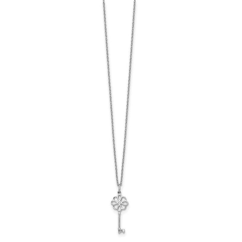 Sterling Silver White Ice Rhodium-Plated 18 Inch Diamond Flower Key Necklace With 2 Extender