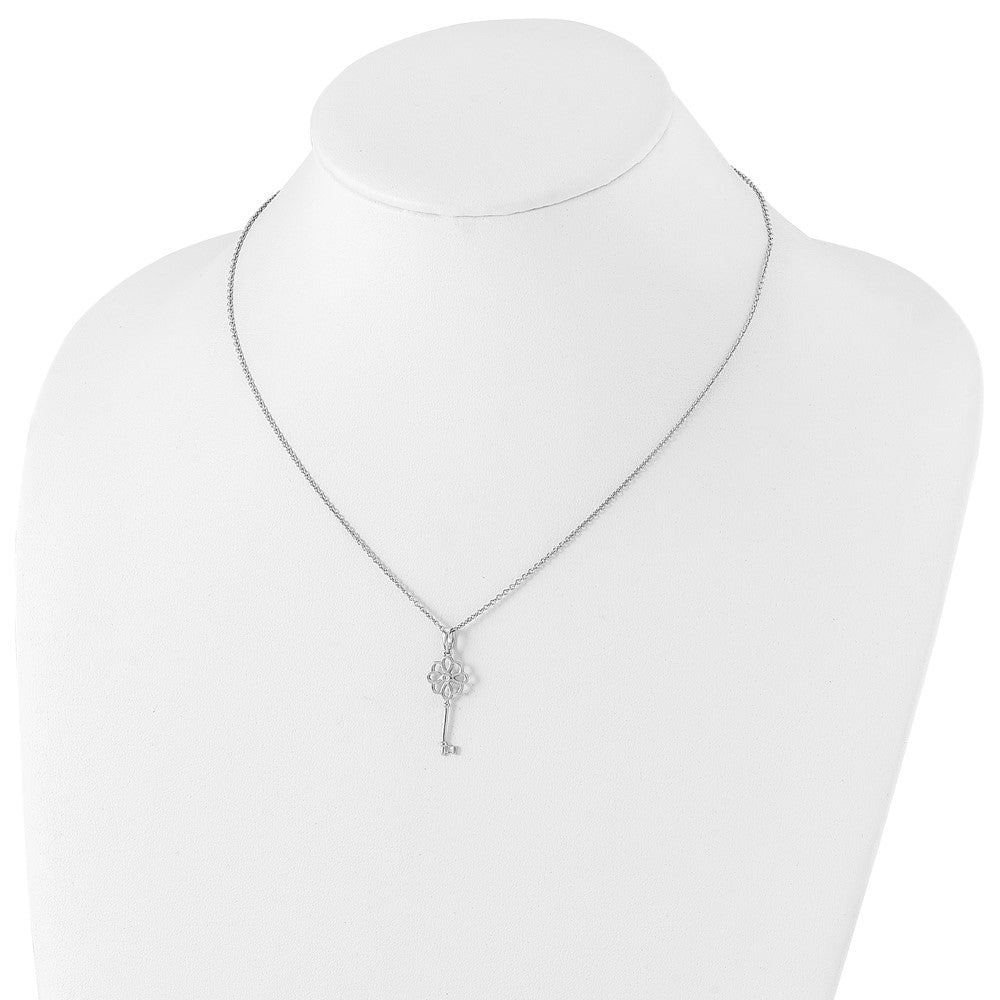 Sterling Silver White Ice Rhodium-Plated 18 Inch Diamond Flower Key Necklace With 2 Extender
