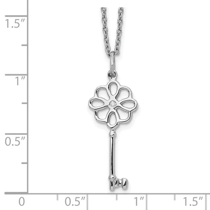 Sterling Silver White Ice Rhodium-Plated 18 Inch Diamond Flower Key Necklace With 2 Extender