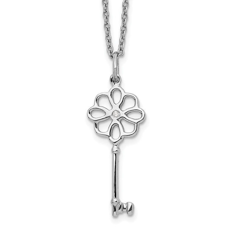 Sterling Silver White Ice Rhodium-Plated 18 Inch Diamond Flower Key Necklace With 2 Extender