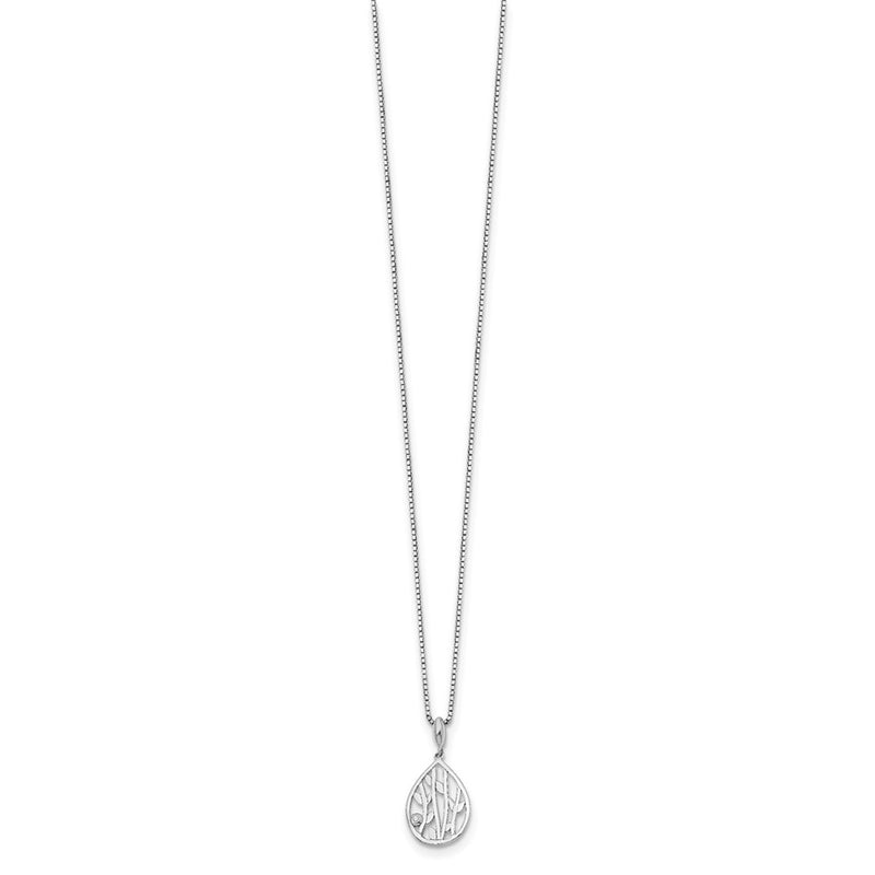 Sterling Silver White Ice Rhodium-Plated 18 Inch Diamond Leaf Pendant Necklace With 2 Extender