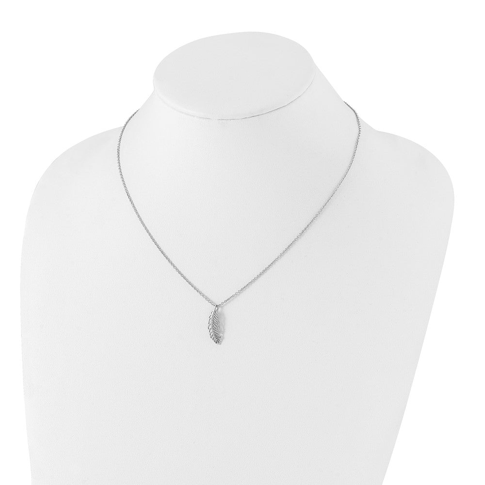 Sterling Silver White Ice Rhodium-Plated 18 Inch Diamond Feather Necklace With 2 Extender