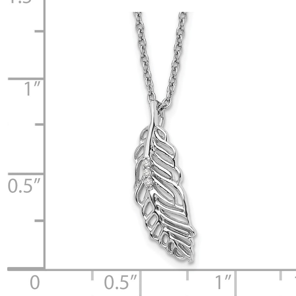 Sterling Silver White Ice Rhodium-Plated 18 Inch Diamond Feather Necklace With 2 Extender