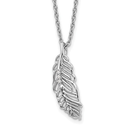 Sterling Silver White Ice Rhodium-Plated 18 Inch Diamond Feather Necklace With 2 Extender