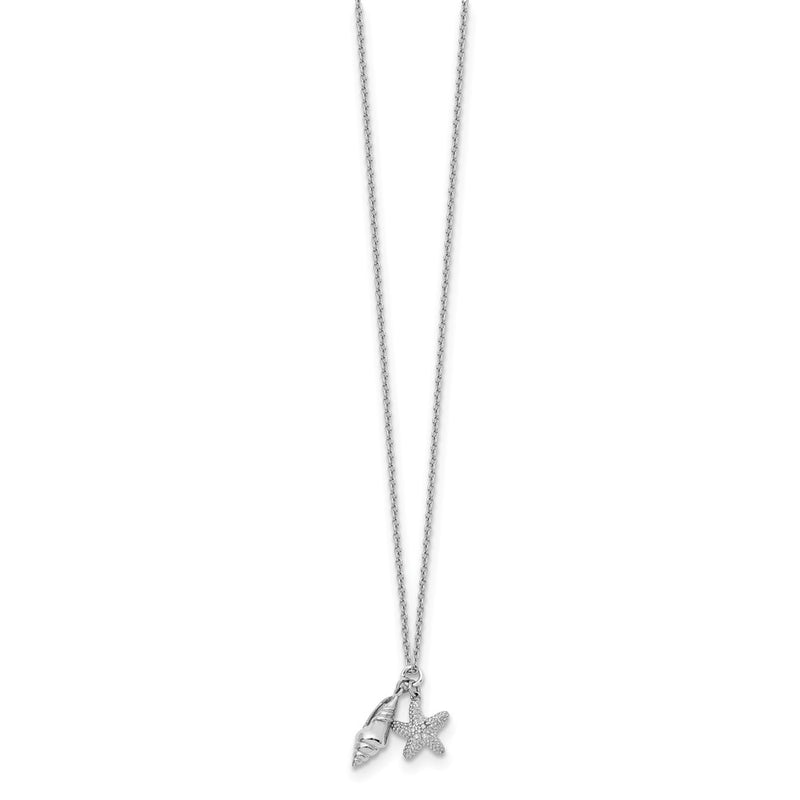 Sterling Silver White Ice Rhodium-Plated 18 Inch Diamond Shell And Starfish Necklace With 2 Extender