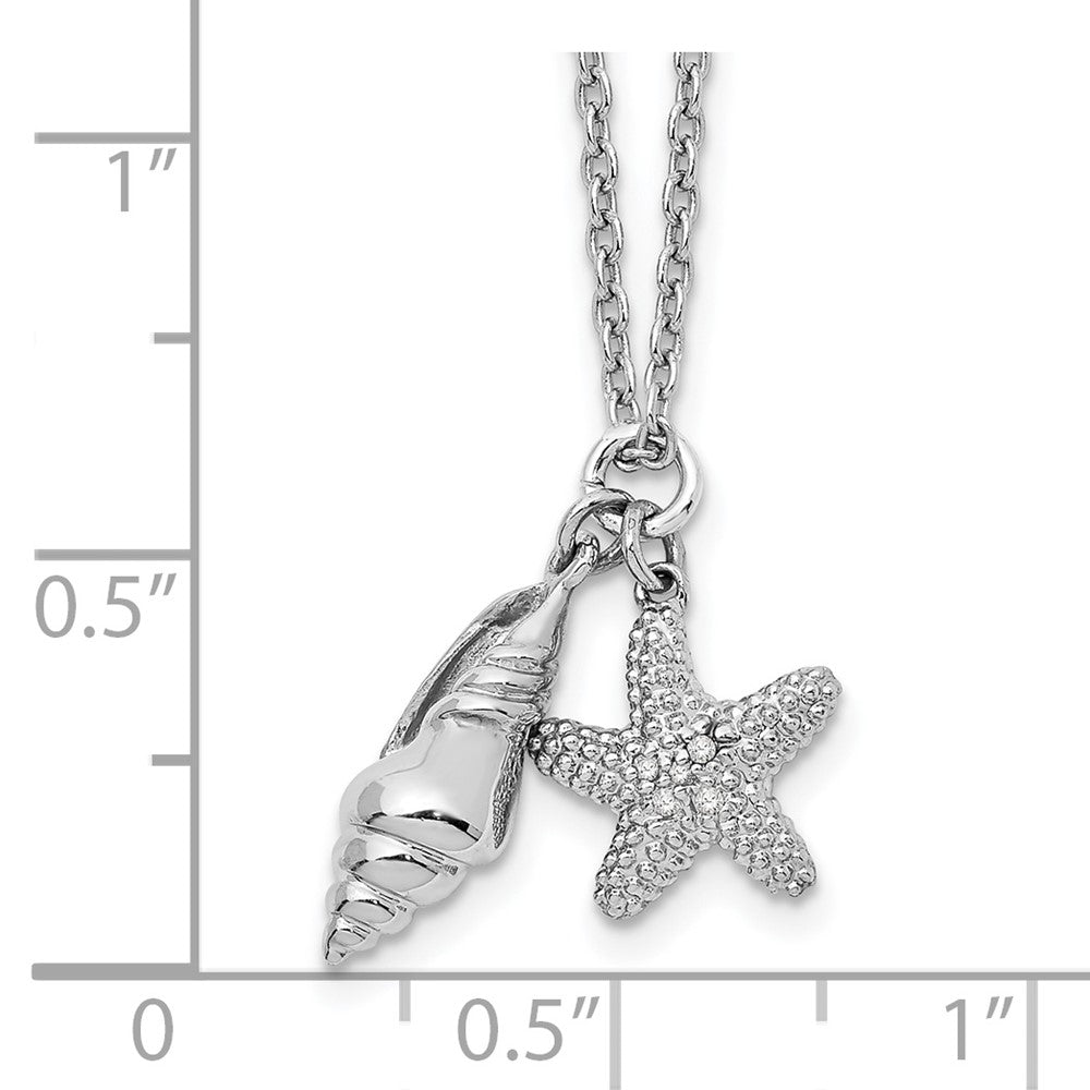 Sterling Silver White Ice Rhodium-Plated 18 Inch Diamond Shell And Starfish Necklace With 2 Extender