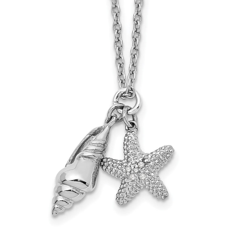 Sterling Silver White Ice Rhodium-Plated 18 Inch Diamond Shell And Starfish Necklace With 2 Extender