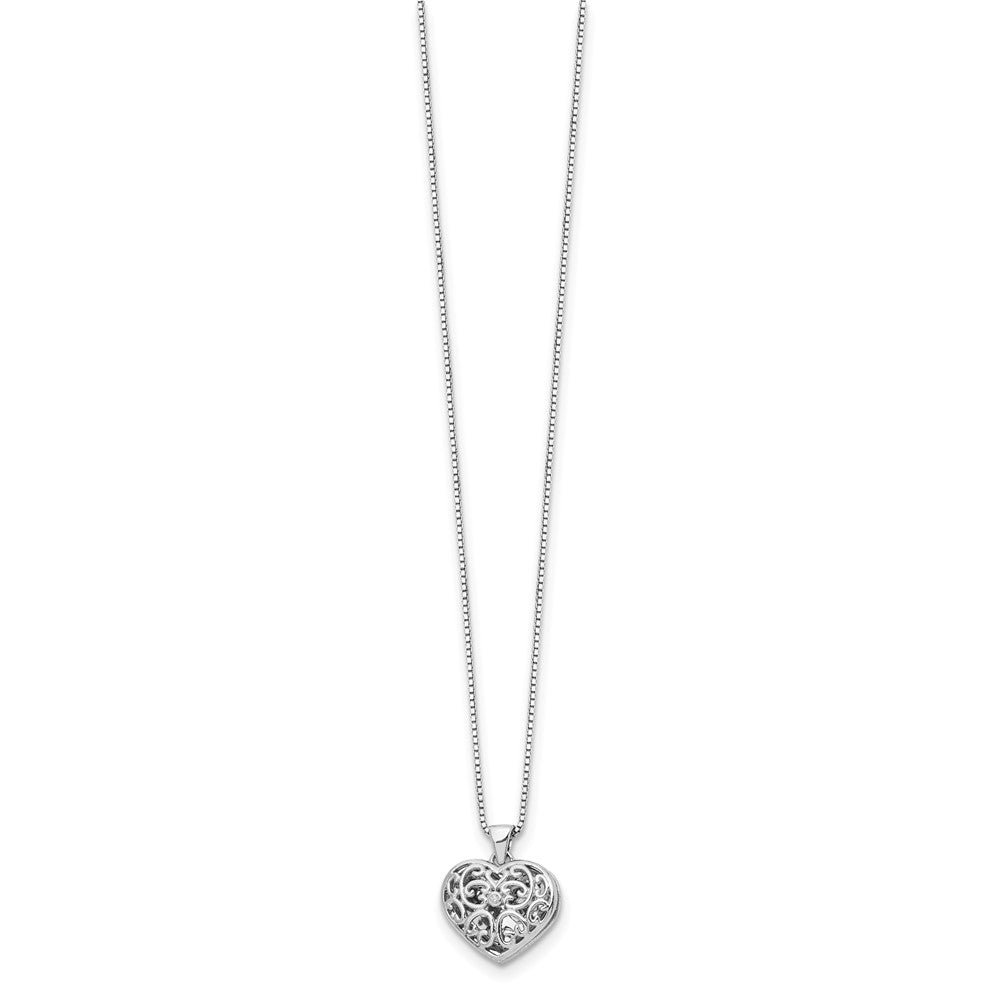 Sterling Silver White Ice Rhodium-Plated 18 Inch Diamond Filigree Heart Locket Necklace With 2 Extender
