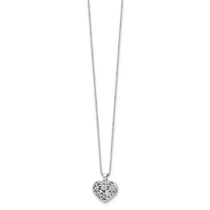 Sterling Silver White Ice Rhodium-Plated 18 Inch Diamond Filigree Heart Locket Necklace With 2 Extender