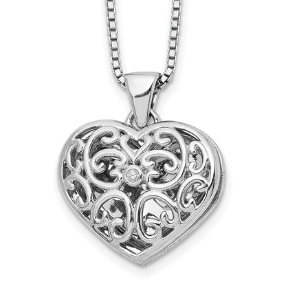 Sterling Silver White Ice Rhodium-Plated 18 Inch Diamond Filigree Heart Locket Necklace With 2 Extender