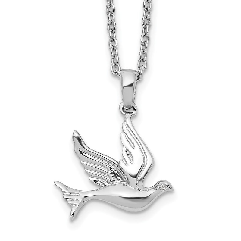 Sterling Silver White Ice Rhodium-Plated 18 Inch Diamond Dove Necklace With 2 Extender