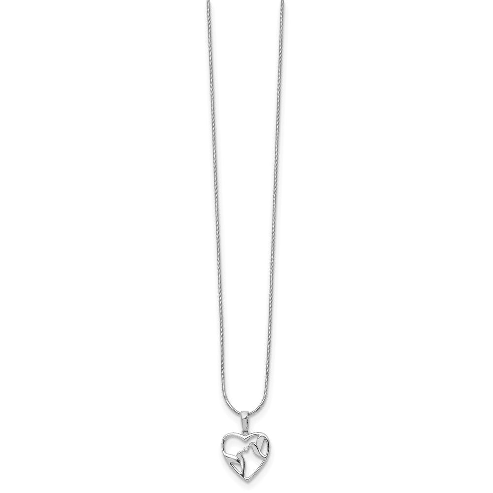 Sterling Silver White Ice Rhodium-Plated 18 Inch Diamond Bird And Heart Necklace With 2 Extender