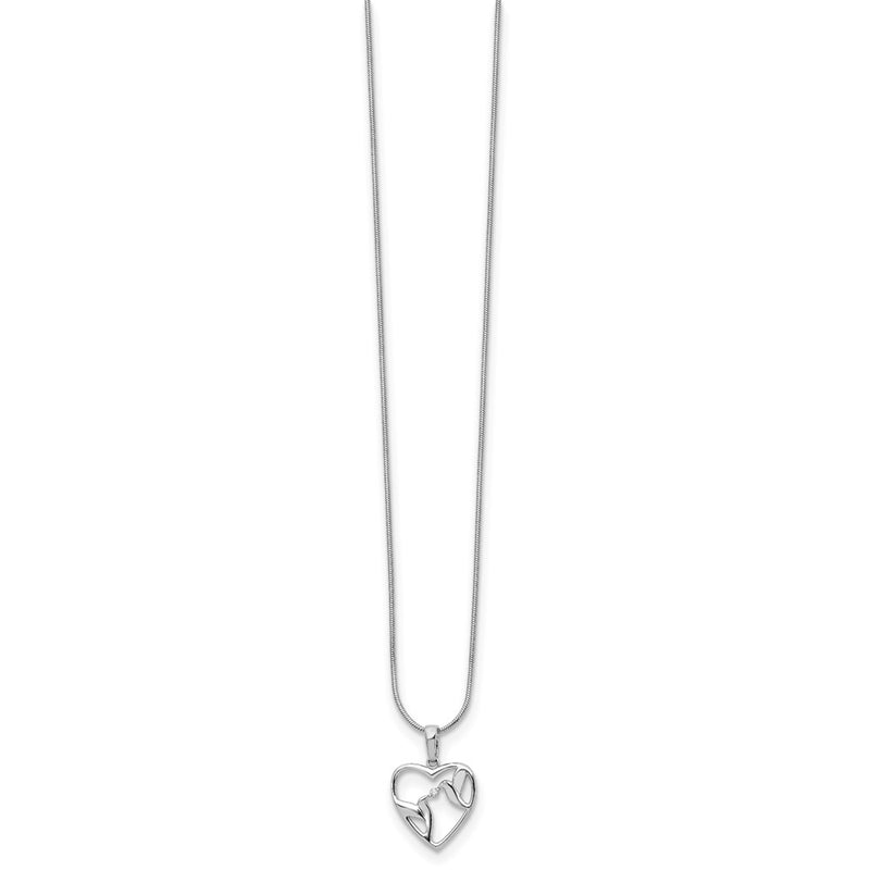Sterling Silver White Ice Rhodium-Plated 18 Inch Diamond Bird And Heart Necklace With 2 Extender