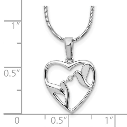 Sterling Silver White Ice Rhodium-Plated 18 Inch Diamond Bird And Heart Necklace With 2 Extender
