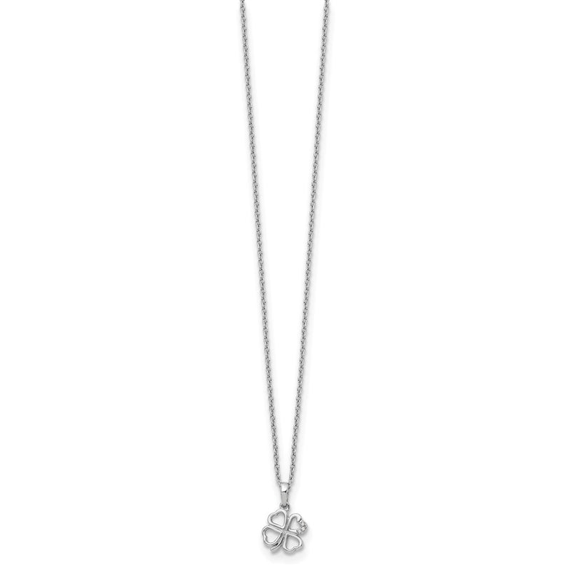 Sterling Silver White Ice Rhodium-Plated 18 Inch Diamond Clover Necklace With 2 Extender