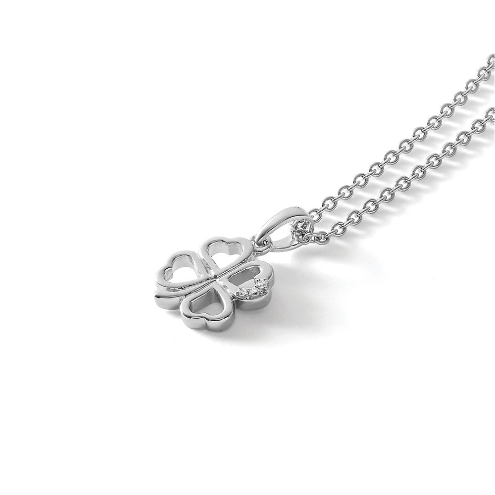 Sterling Silver White Ice Rhodium-Plated 18 Inch Diamond Clover Necklace With 2 Extender