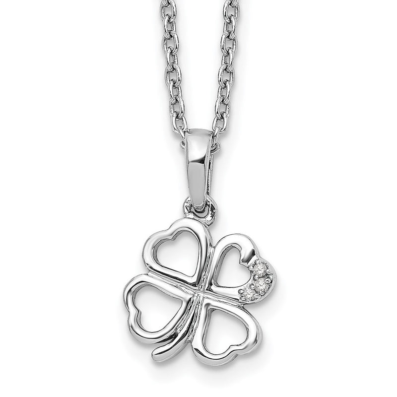 Sterling Silver White Ice Rhodium-Plated 18 Inch Diamond Clover Necklace With 2 Extender