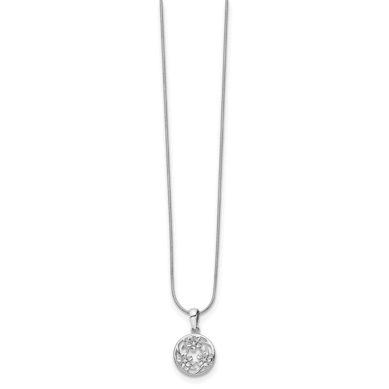 Sterling Silver White Ice Rhodium-Plated 18 Inch Diamond Flower Necklace With 2 Extender