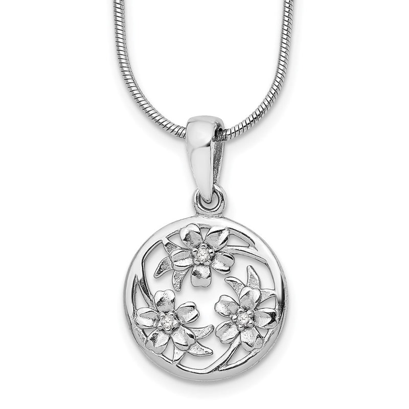 Sterling Silver White Ice Rhodium-Plated 18 Inch Diamond Flower Necklace With 2 Extender