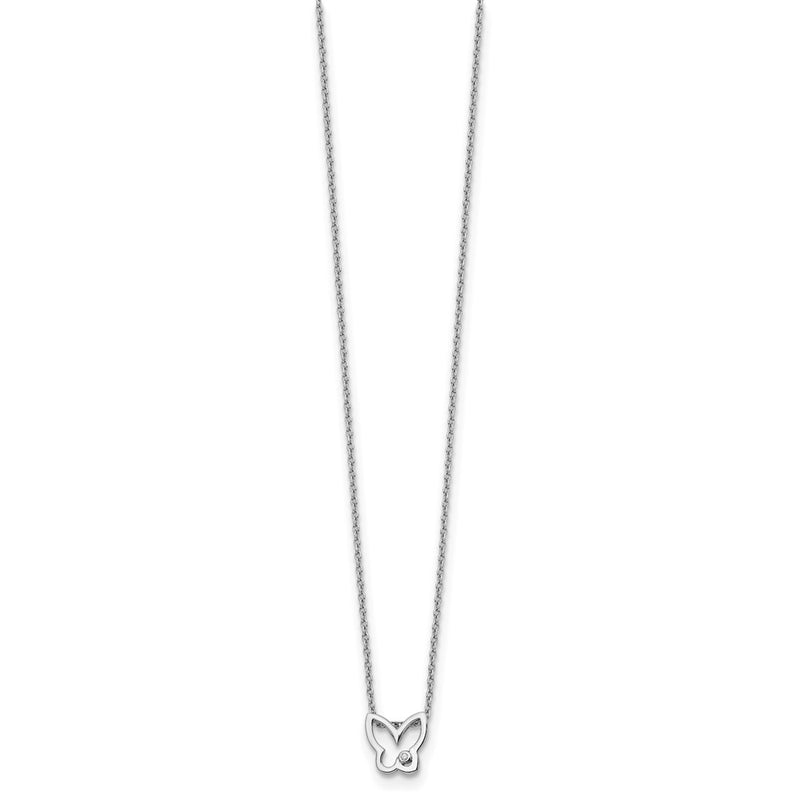 Sterling Silver White Ice Rhodium-Plated 18 Inch Diamond Butterfly Necklace With 2 Extender