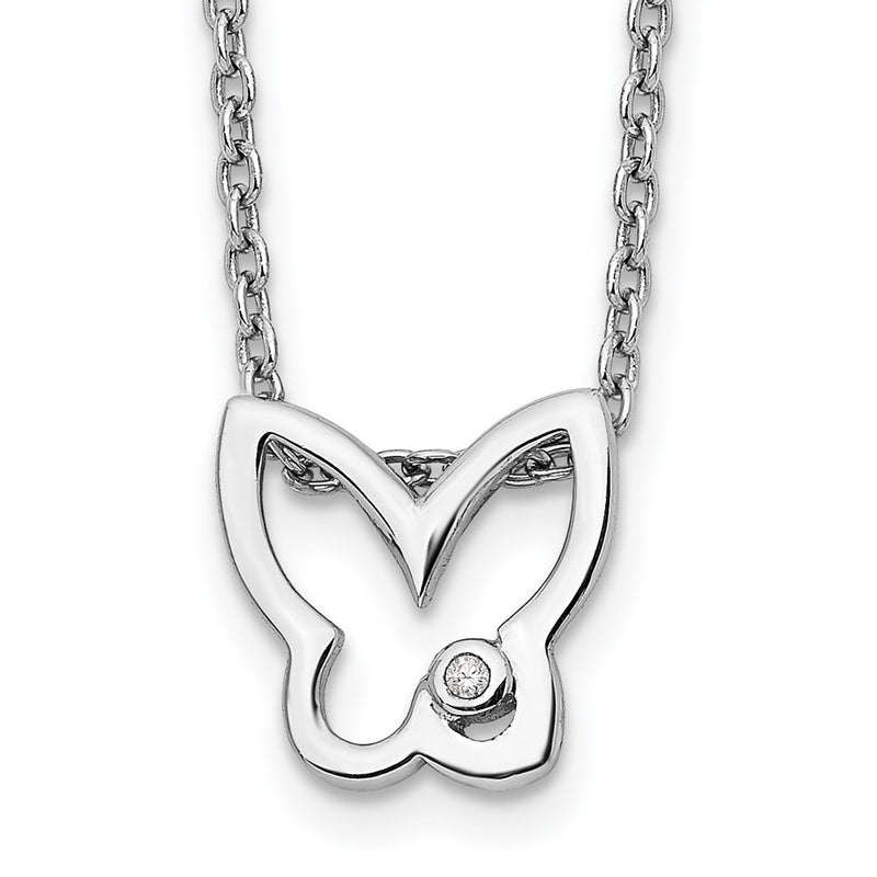 Sterling Silver White Ice Rhodium-Plated 18 Inch Diamond Butterfly Necklace With 2 Extender