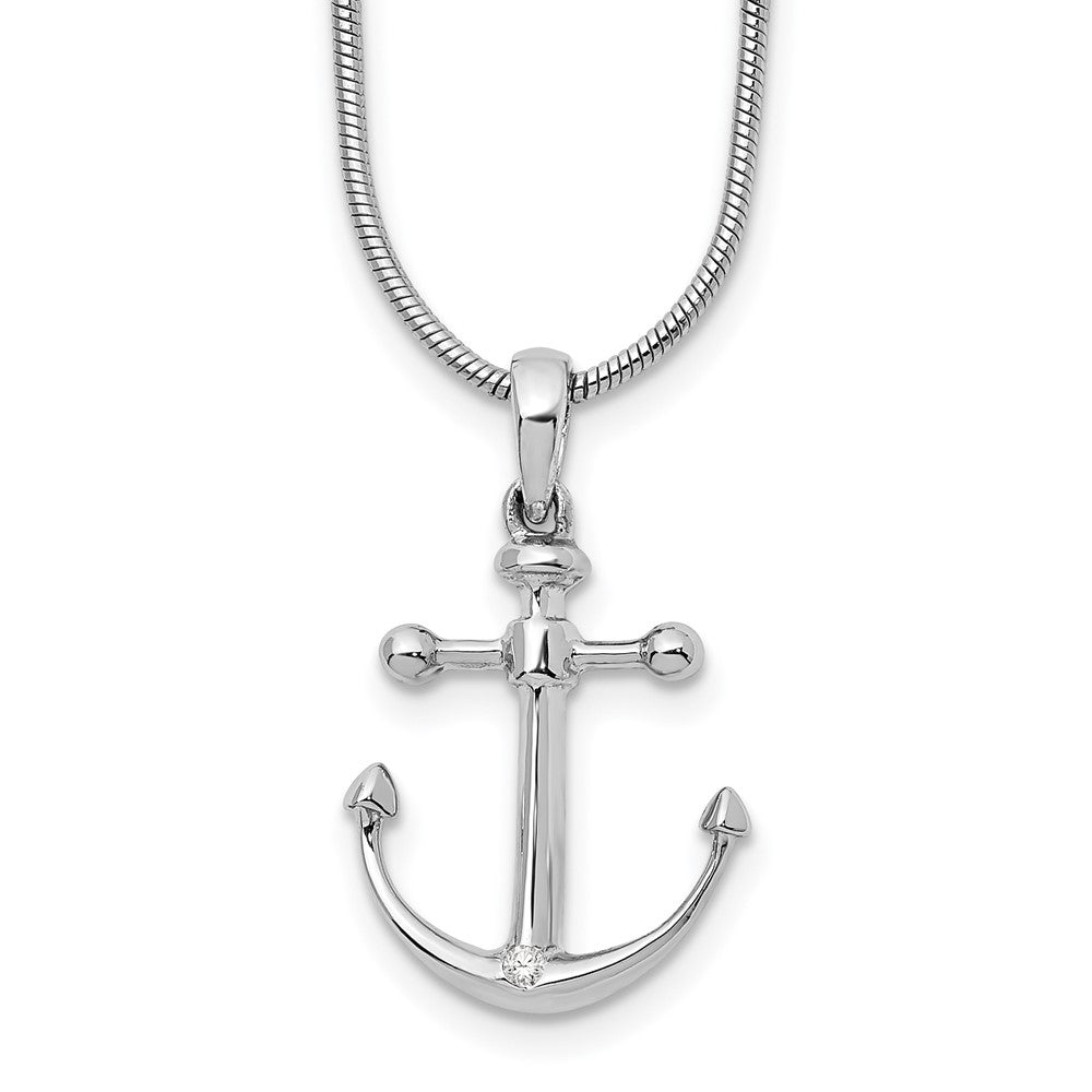 Sterling Silver White Ice Rhodium-Plated 18 Inch Diamond Anchor Necklace With 2 Extender