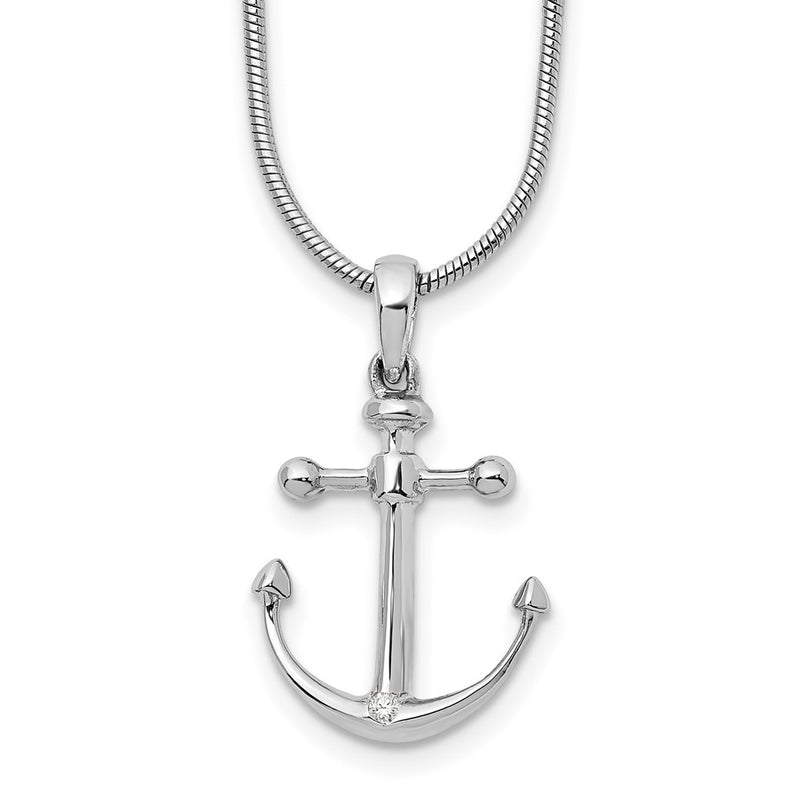Sterling Silver White Ice Rhodium-Plated 18 Inch Diamond Anchor Necklace With 2 Extender