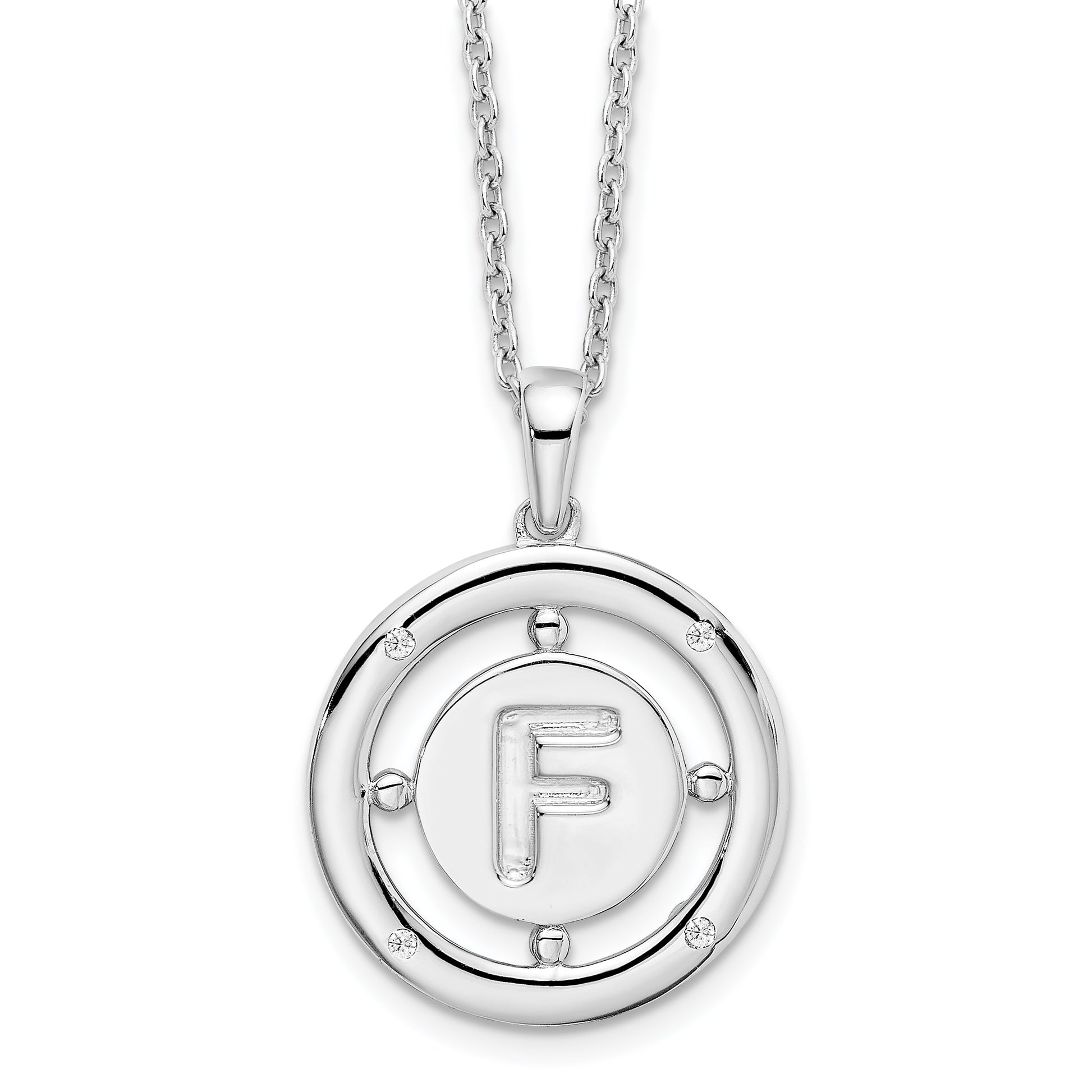 Sterling Silver White Ice Rhodium-Plated 18 Inch Diamond Letter F Initial Necklace With 2 Extender
