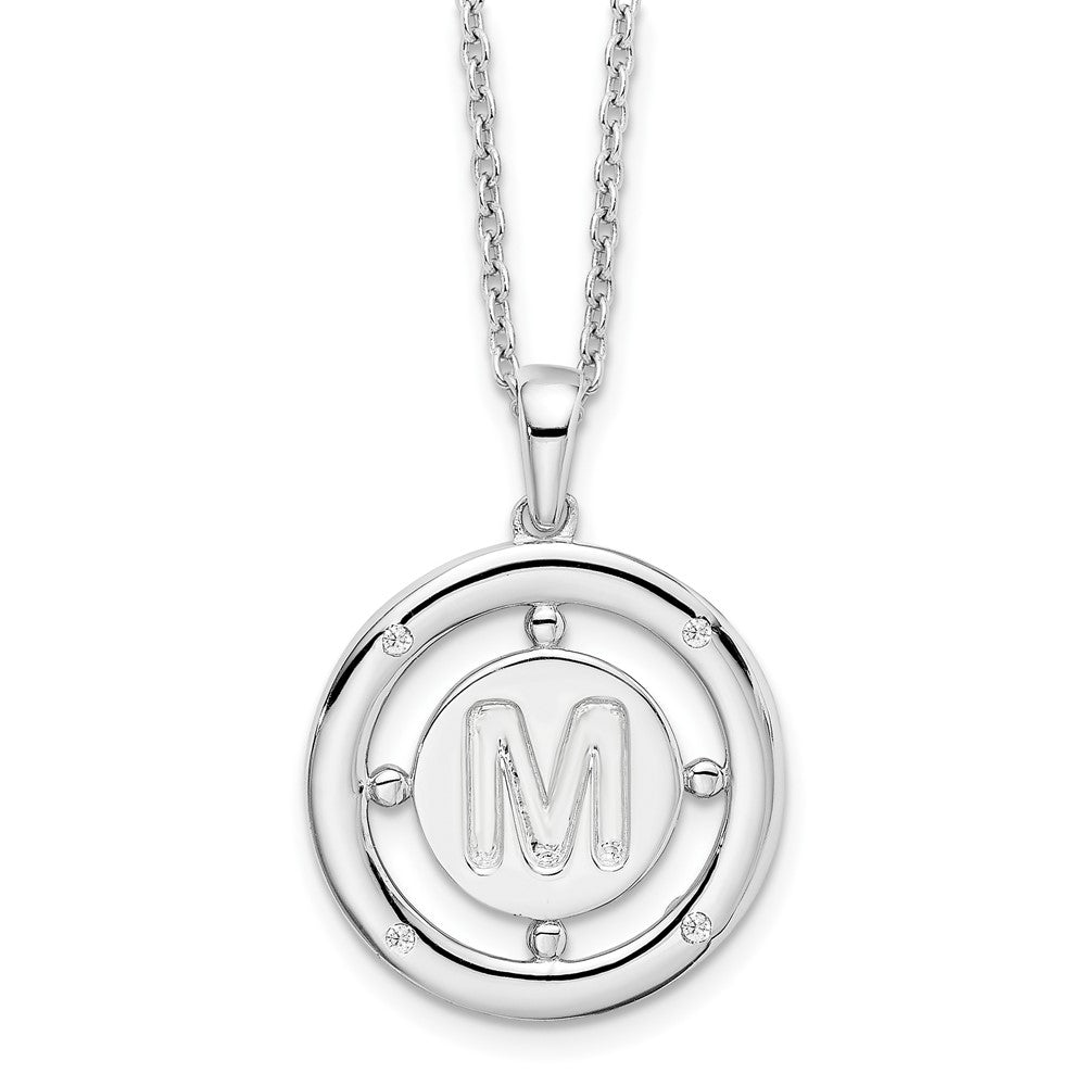 Sterling Silver White Ice Rhodium-Plated 18 Inch Diamond Letter M Initial Necklace With 2 Extender