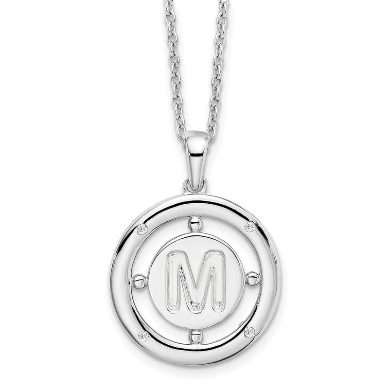 Sterling Silver White Ice Rhodium-Plated 18 Inch Diamond Letter M Initial Necklace With 2 Extender