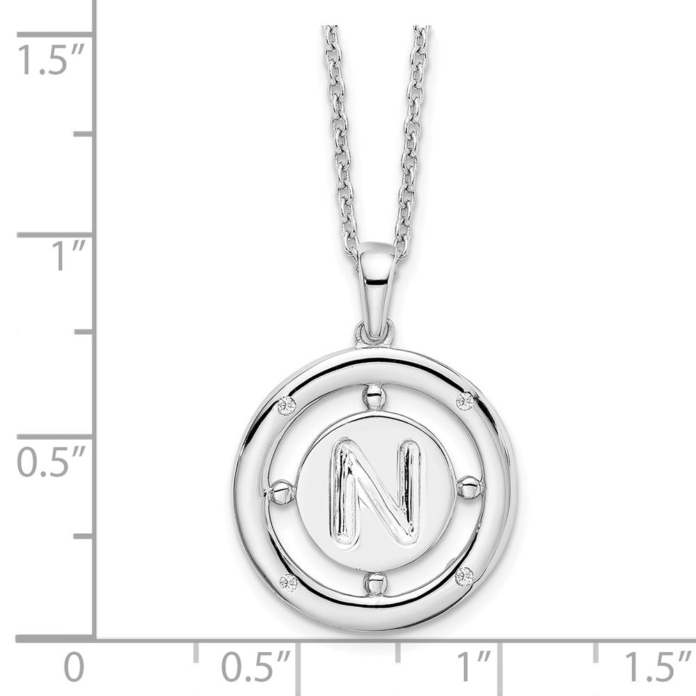Sterling Silver White Ice Rhodium-Plated 18 Inch Diamond Letter N Initial Necklace With 2 Extender