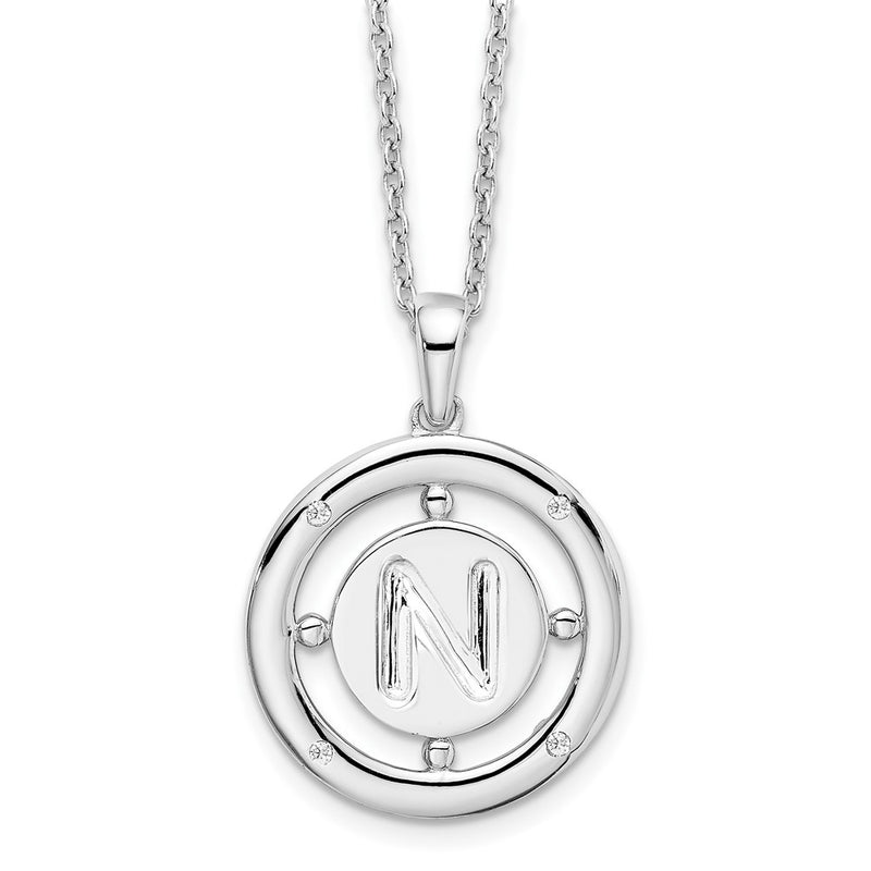 Sterling Silver White Ice Rhodium-Plated 18 Inch Diamond Letter N Initial Necklace With 2 Extender