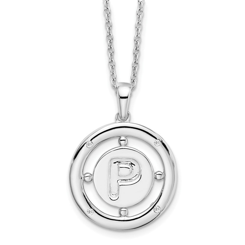 Sterling Silver White Ice Rhodium-Plated 18 Inch Diamond Letter P Initial Necklace With 2 Extender