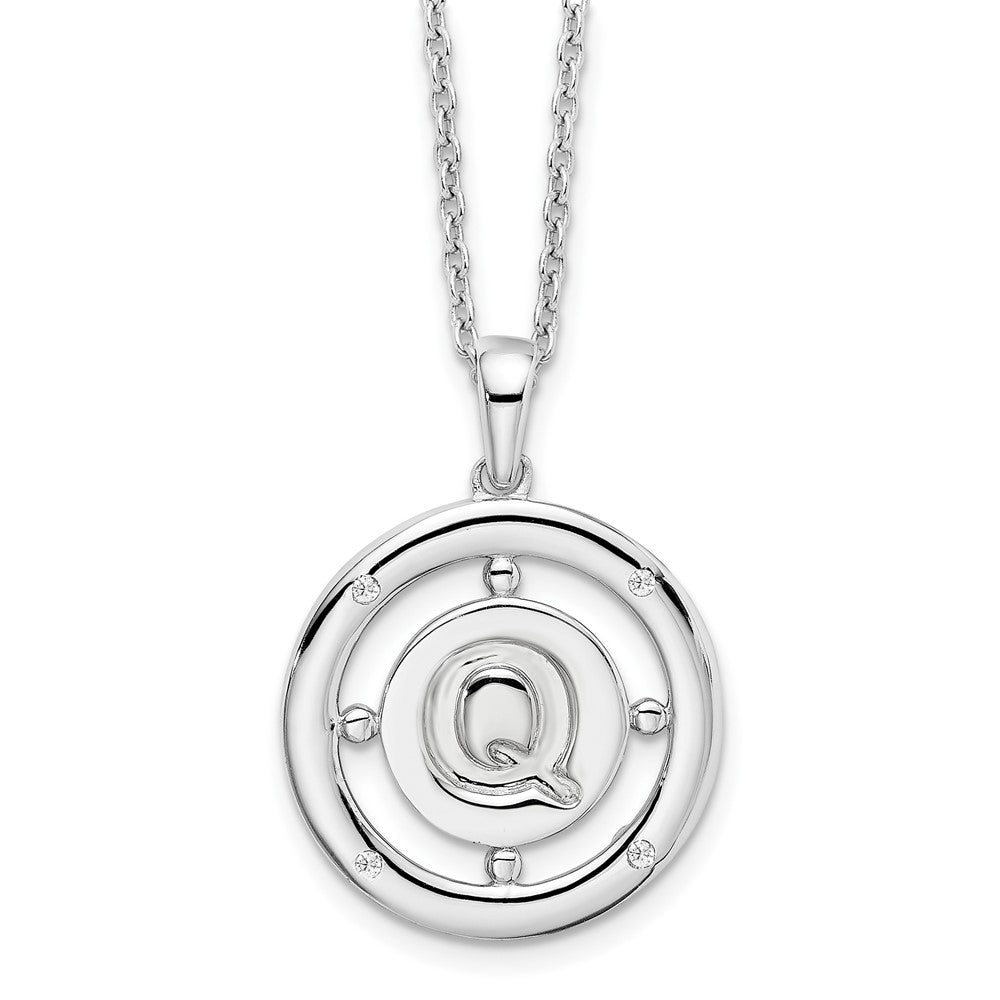 Sterling Silver White Ice Rhodium-Plated 18 Inch Diamond Letter Q Initial Necklace With 2 Extender
