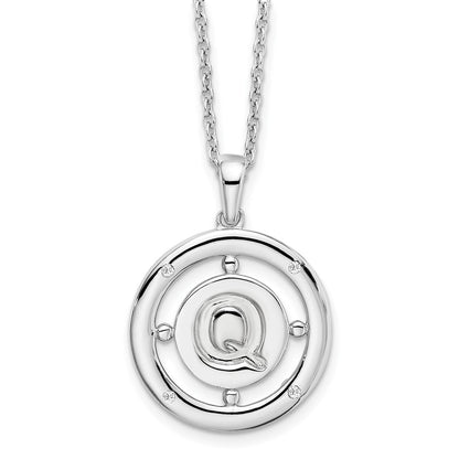 Sterling Silver White Ice Rhodium-Plated 18 Inch Diamond Letter Q Initial Necklace With 2 Extender