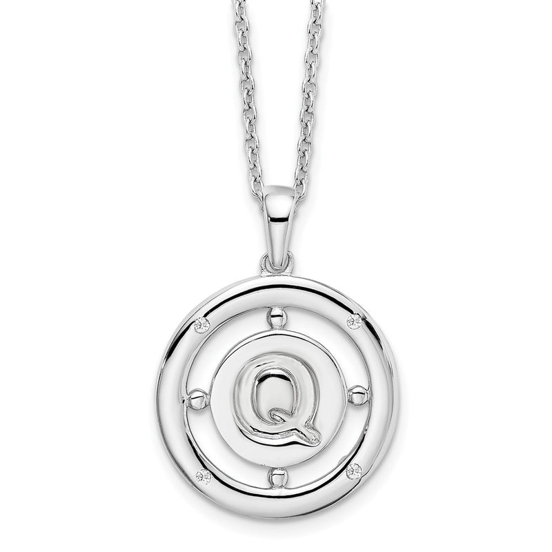 Sterling Silver White Ice Rhodium-Plated 18 Inch Diamond Letter Q Initial Necklace With 2 Extender