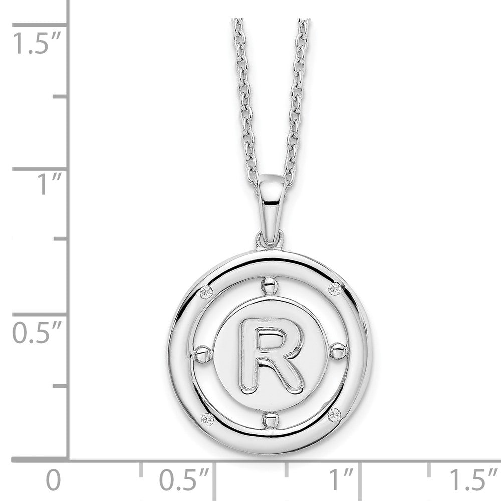 Sterling Silver White Ice Rhodium-Plated 18 Inch Diamond Letter R Initial Necklace With 2 Extender