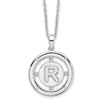Sterling Silver White Ice Rhodium-Plated 18 Inch Diamond Letter R Initial Necklace With 2 Extender