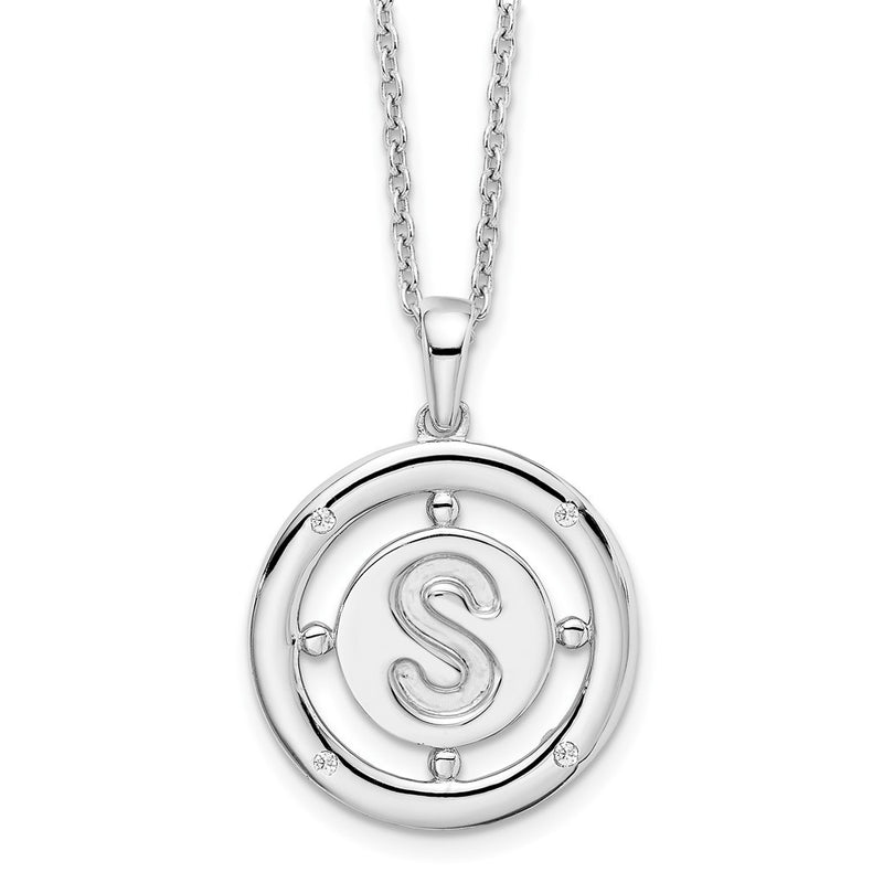 Sterling Silver White Ice Rhodium-Plated 18 Inch Diamond Letter S Initial Necklace With 2 Extender
