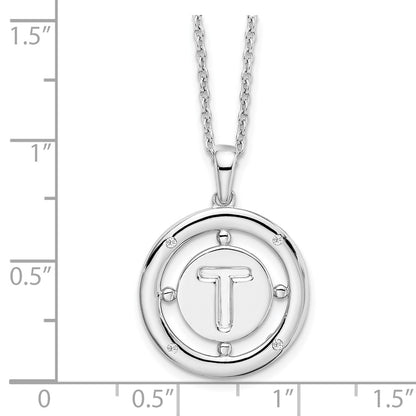 Sterling Silver White Ice Rhodium-Plated 18 Inch Diamond Letter T Initial Necklace With 2 Extender
