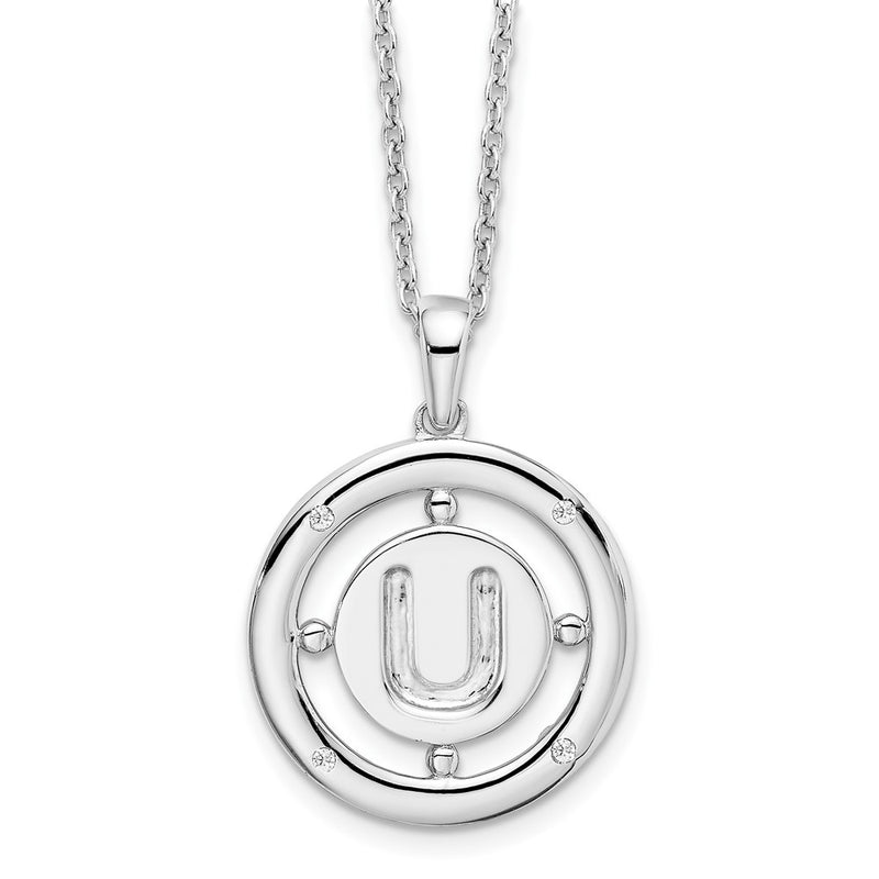 Sterling Silver White Ice Rhodium-Plated 18 Inch Diamond Letter U Initial Necklace With 2 Extender