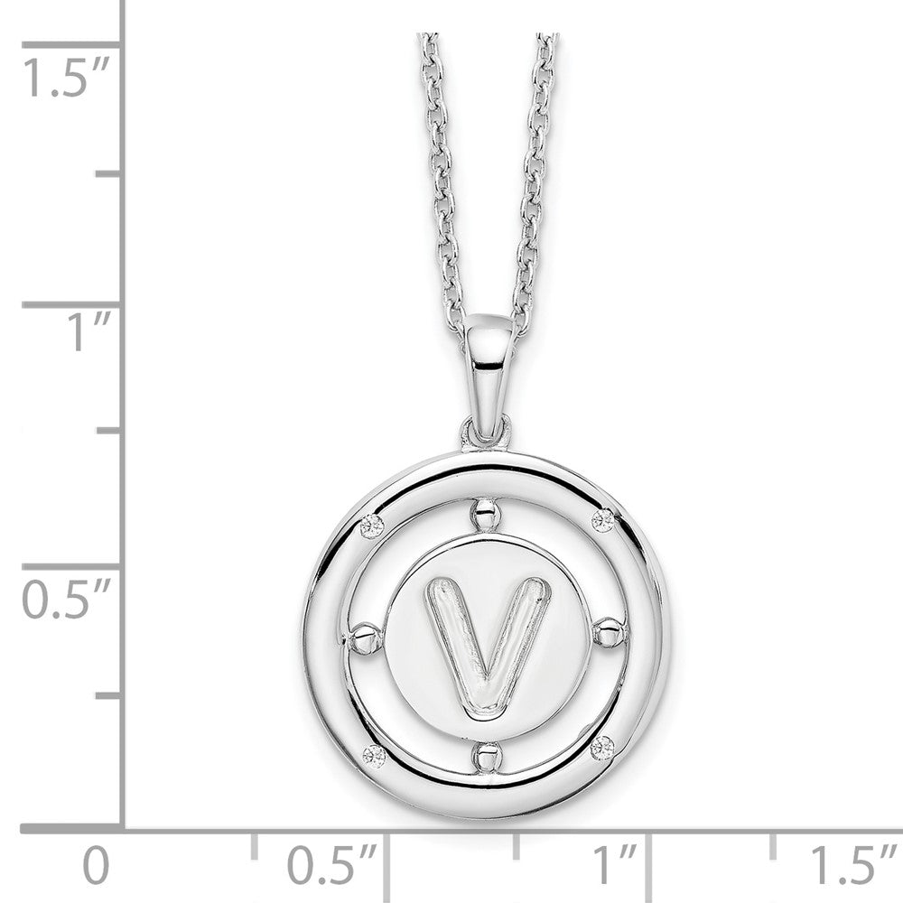 Sterling Silver White Ice Rhodium-Plated 18 Inch Diamond Letter V Initial Necklace With 2 Extender