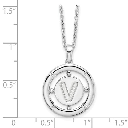 Sterling Silver White Ice Rhodium-Plated 18 Inch Diamond Letter V Initial Necklace With 2 Extender