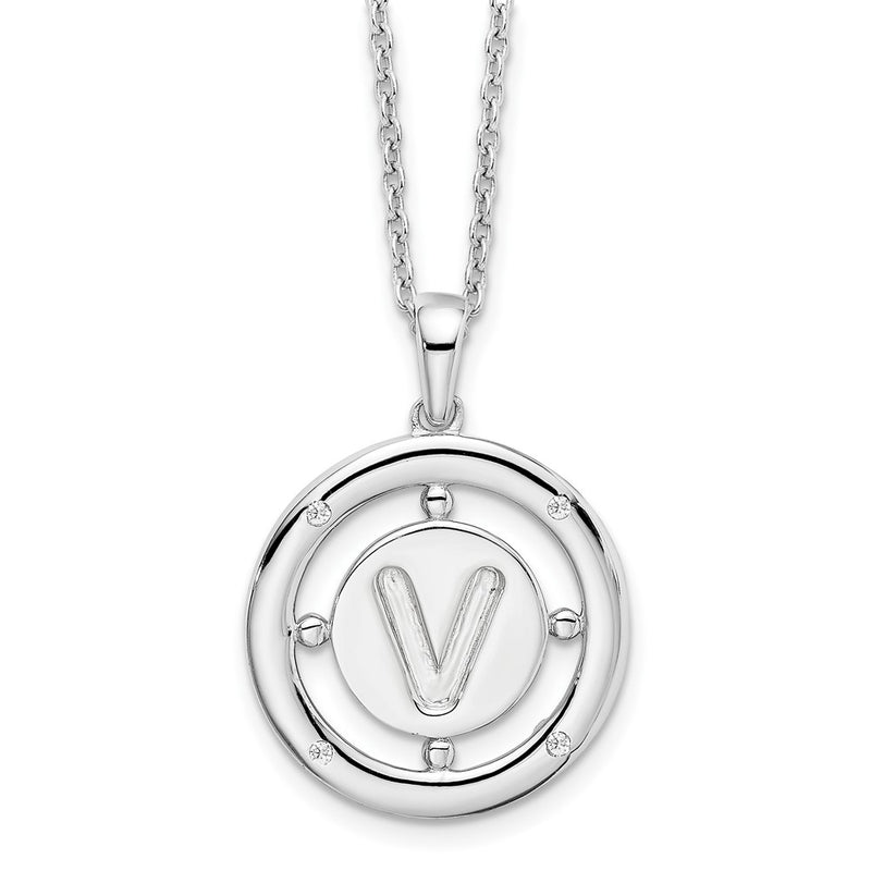 Sterling Silver White Ice Rhodium-Plated 18 Inch Diamond Letter V Initial Necklace With 2 Extender