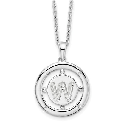 Sterling Silver White Ice Rhodium-Plated 18 Inch Diamond Letter W Initial Necklace With 2 Extender