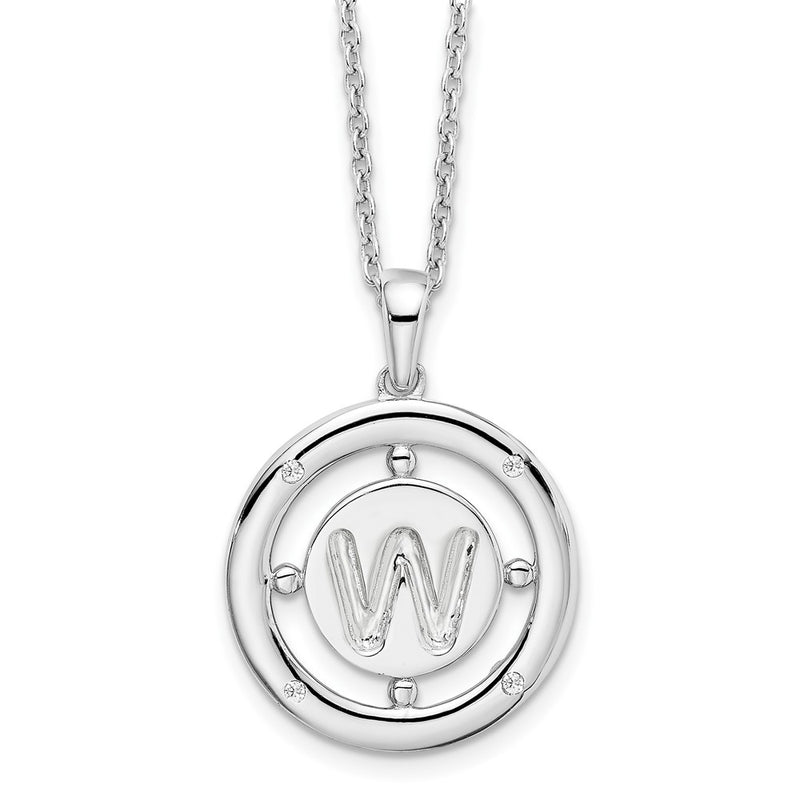 Sterling Silver White Ice Rhodium-Plated 18 Inch Diamond Letter W Initial Necklace With 2 Extender